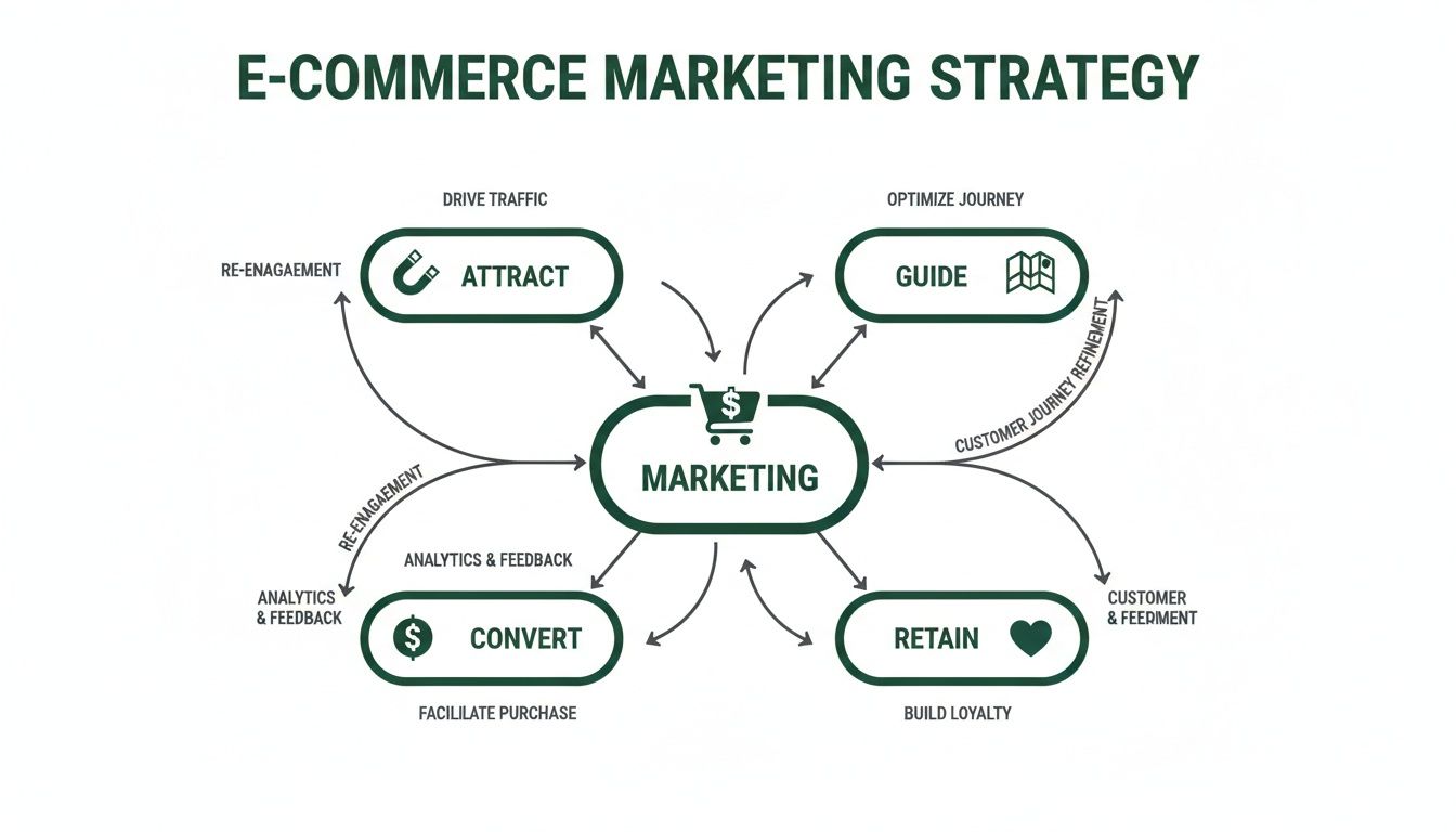 Diagram illustrating an e-commerce marketing strategy with phases: attract, guide, retain, and convert, centered around marketing.
