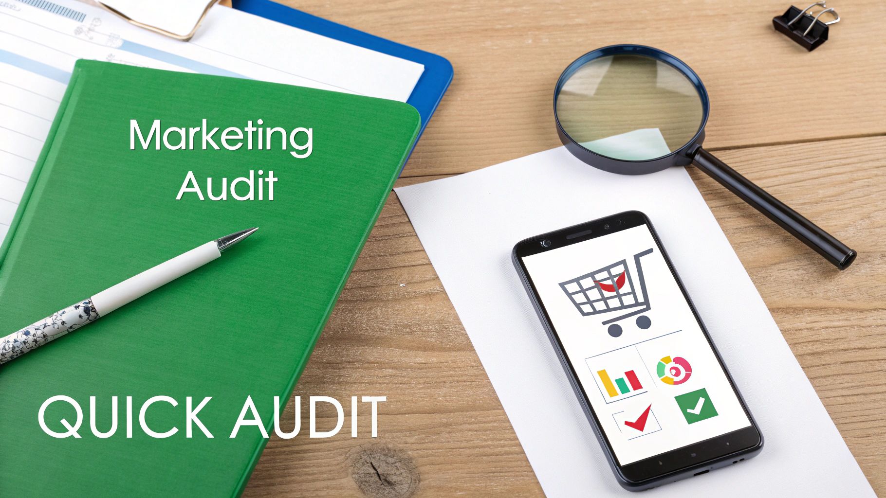 Green notebook with 'Marketing Audit' and 'Quick Audit', a pen, and smartphone showing e-commerce analytics.