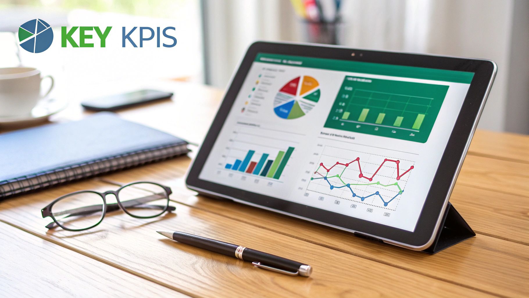 A tablet shows business analytics and KPI dashboards on a wooden desk with office essentials.