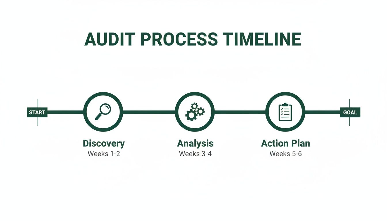 Infographic showing an audit process timeline with Discovery, Analysis, and Action Plan stages.