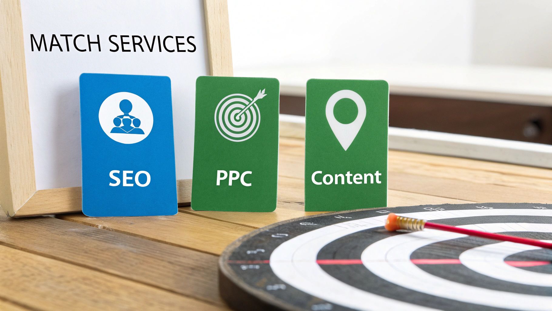 Digital marketing services cards for SEO, PPC, and Content in front of a whiteboard with a dartboard.