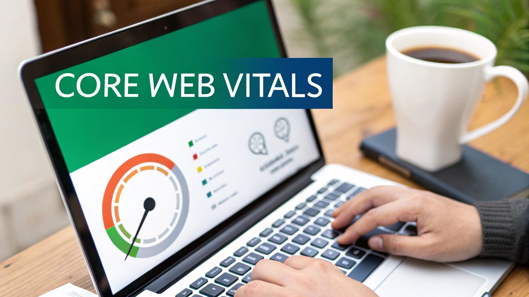 A person typing on a laptop displaying 'Core Web Vitals' metrics and a performance gauge, with a coffee mug.