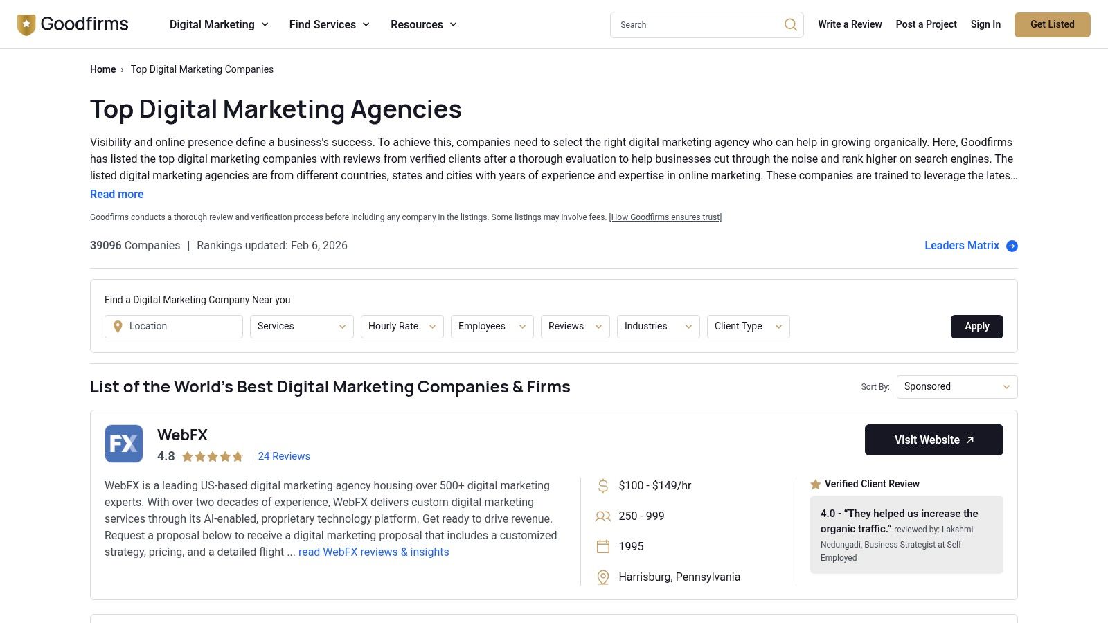GoodFirms interface showing a list of digital marketing agencies with filters