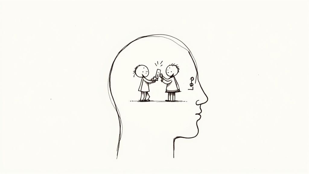 Person sitting at a desk with a cluttered mind, thinking of various distractions versus focused work.