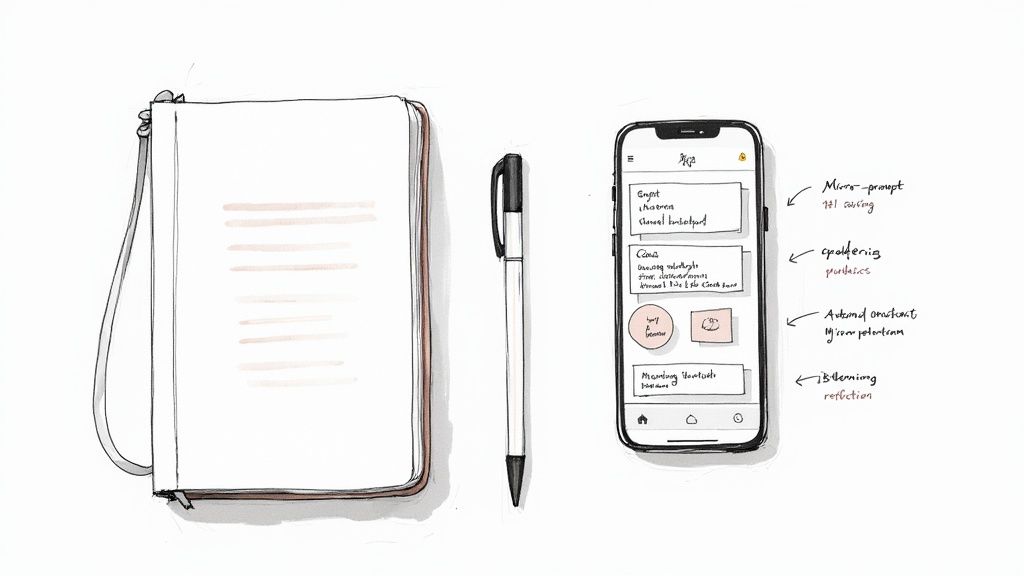 A person choosing between a digital tablet and a physical notebook for journaling.