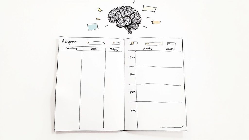 A person using a structured day planner at a wooden desk with a laptop and a cup of coffee.