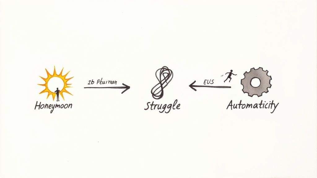 An illustration of the brain with glowing neural pathways, representing the rewiring process of habit formation.