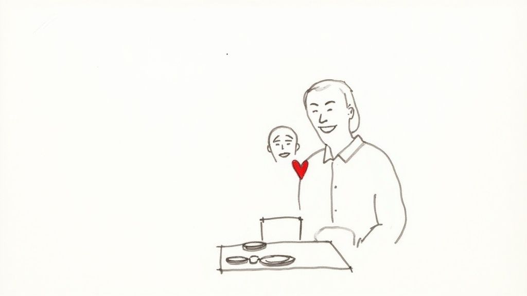 Two people smiling at table with red heart symbol representing love and meaningful relationships