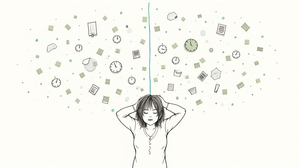 An overwhelmed woman with many thoughts, tasks, and clocks floating above her head.
