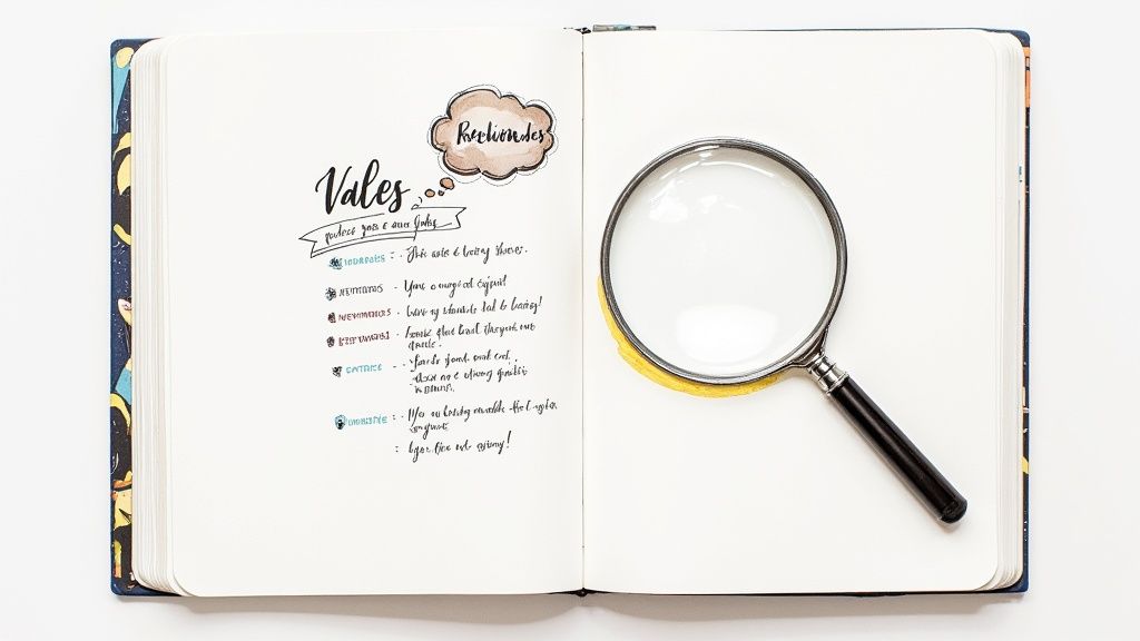 Open journal with handwritten values list and magnifying glass on blank page for self reflection