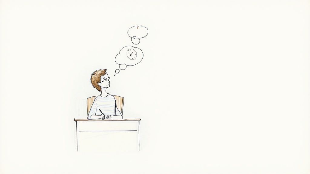 A person journaling in a notebook with a cup of coffee nearby.