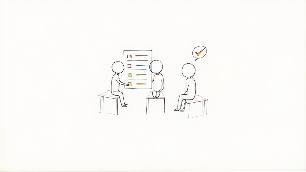 Three stick figures in meeting discussing checklist with colorful items and checkmark speech bubble