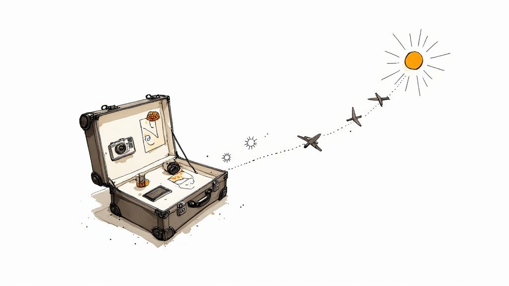 Open vintage suitcase with travel items and airplanes flying toward sunny destination symbolizing adventure goals