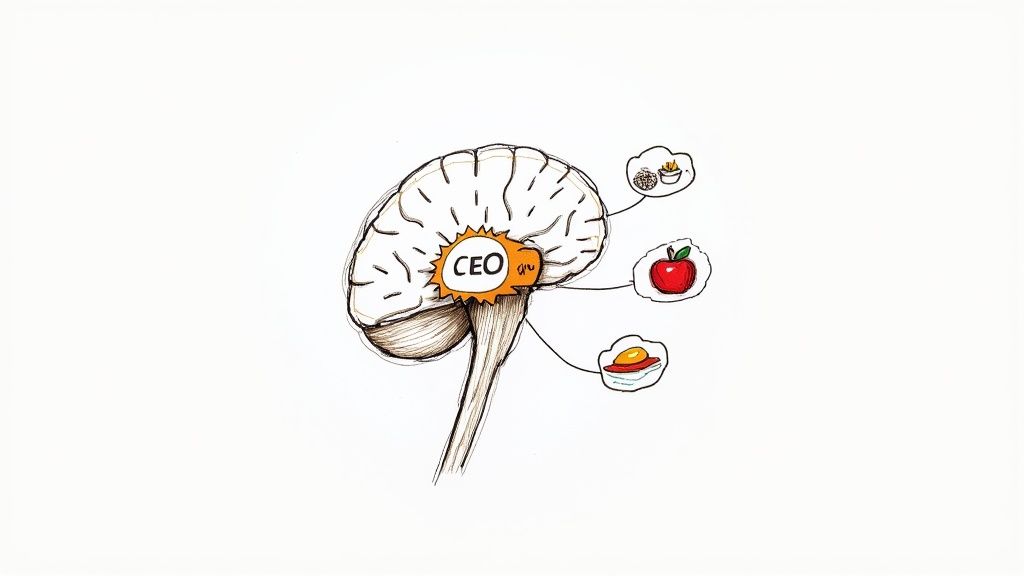 A diagram of the human brain with the prefrontal cortex highlighted, illustrating its role in executive functions and willpower.