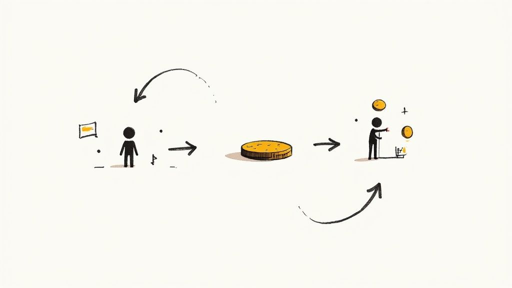 Cyclical diagram showing investment process from person to coin to earning money