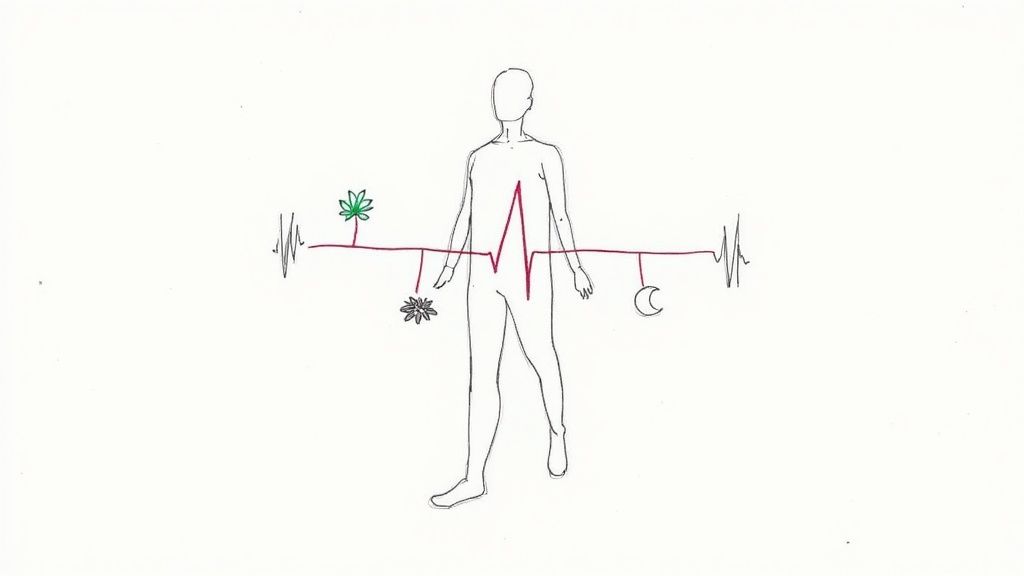 Human figure outline with heartbeat line and natural symbols representing holistic health and wellness balance