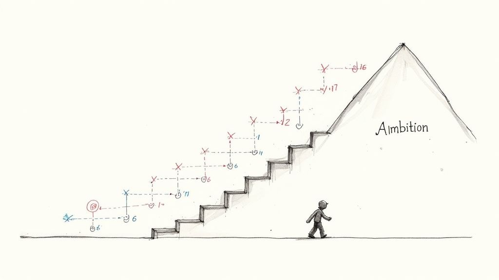A series of small, connected steps leading up a staircase toward a larger goal symbolized by a star at the top.