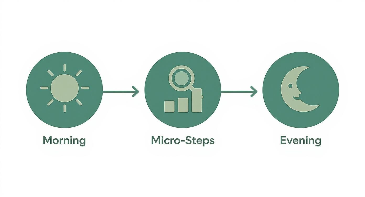 Diagram showing a daily routine: morning sun, micro-steps analysis, and evening moon.