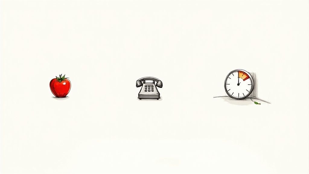 Illustrated icons showing tomato, telephone, and clock representing healthy eating, communication, and time management habits