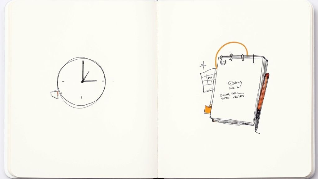 A person sitting at a desk with a laptop, looking at a calendar habit tracker app on their phone while reflecting on their day.