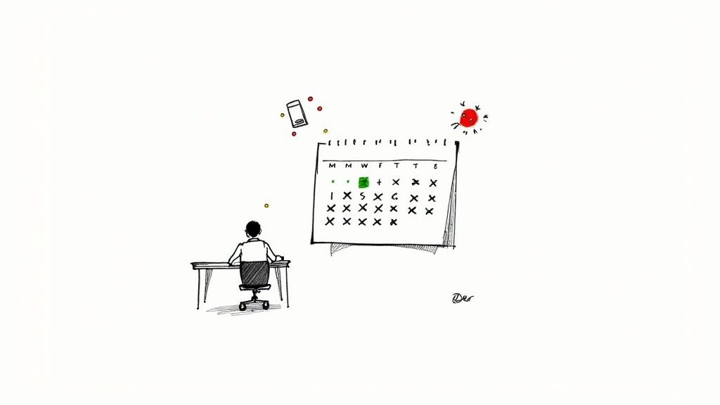 A person looking thoughtfully at a habit tracker on their phone, surrounded by icons of different habits like running, reading, and meditating.