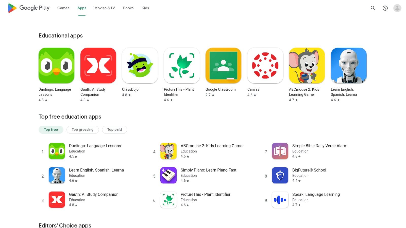 Google Play Store – Education category