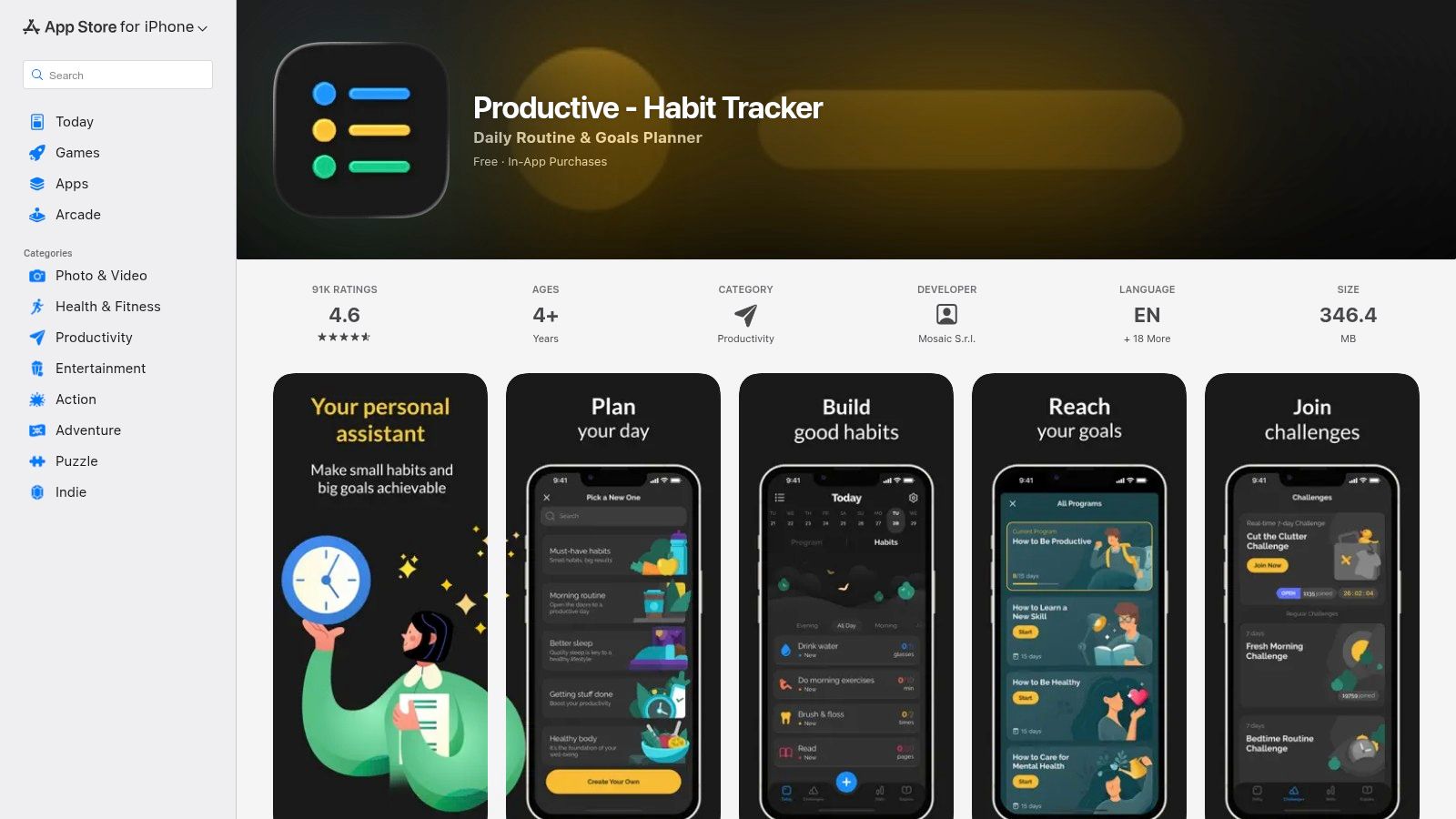Productive – Habit Tracker app interface showing a list of habits for the day