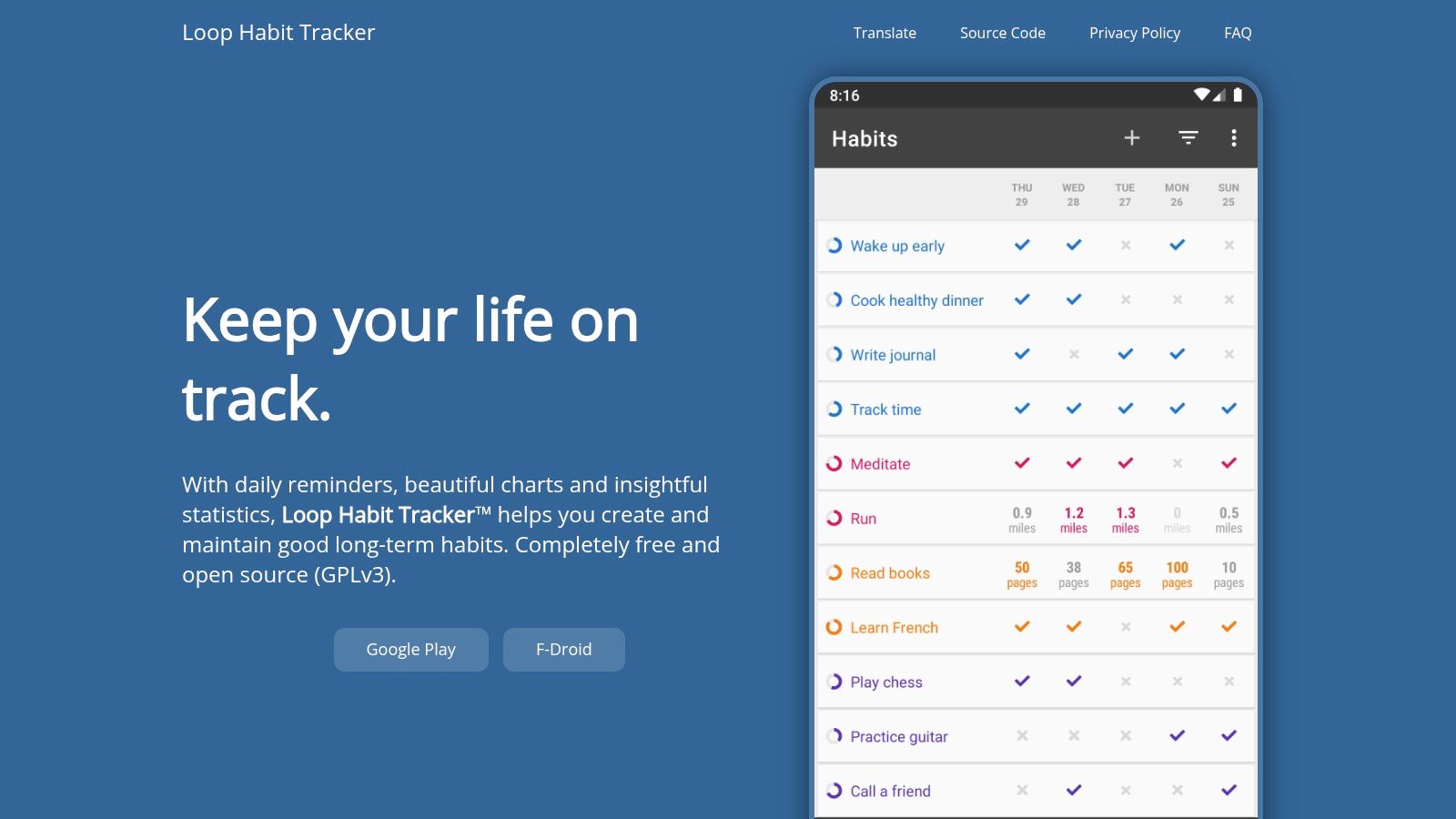 Loop Habit Tracker app interface showing habit strength and calendar view