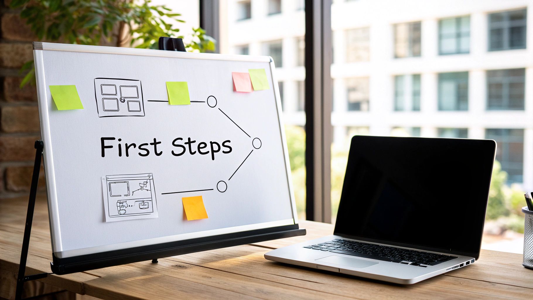 A person at a desk drawing a step-by-step plan on a whiteboard, representing a phased approach to implementation.