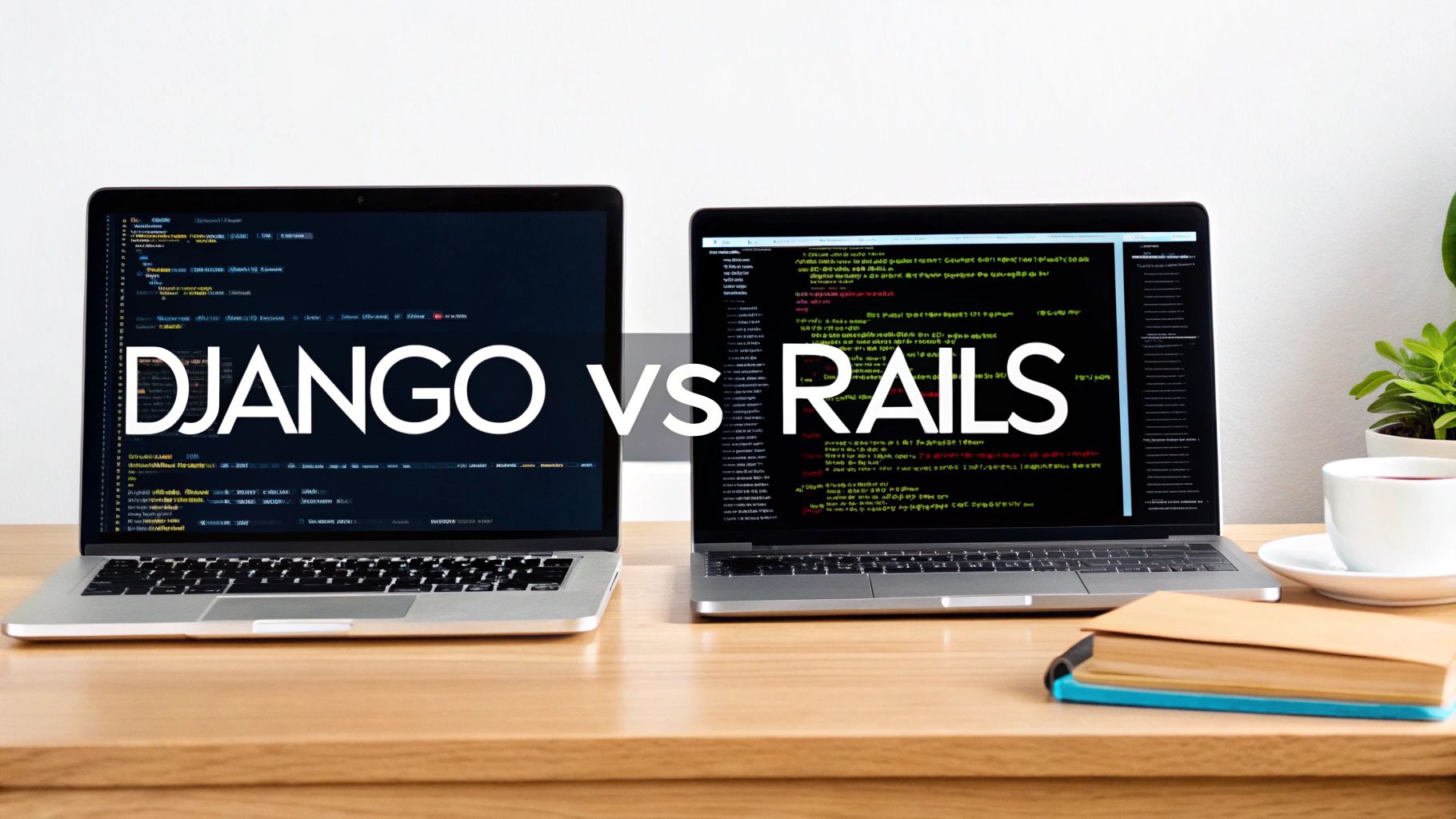 A stylized graphic comparing Django and Ruby on Rails with their respective logos.
