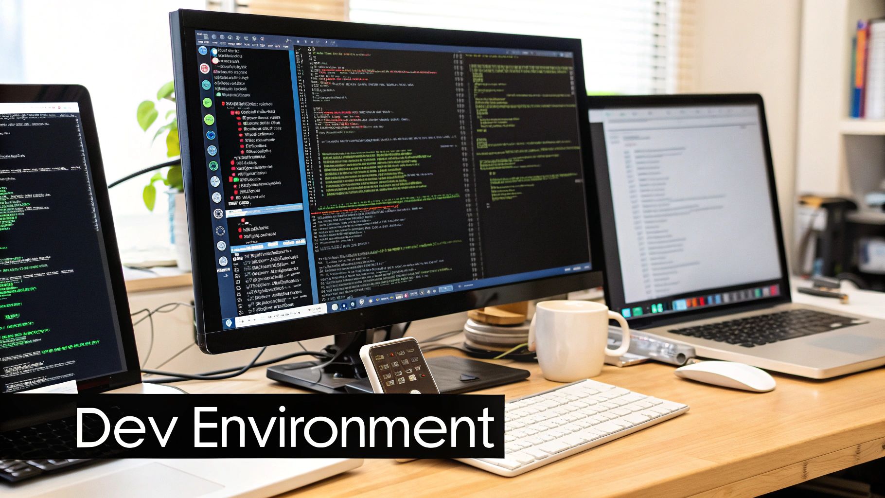 A stylized graphic showing a computer with code on the screen, surrounded by Python logos and development tools.