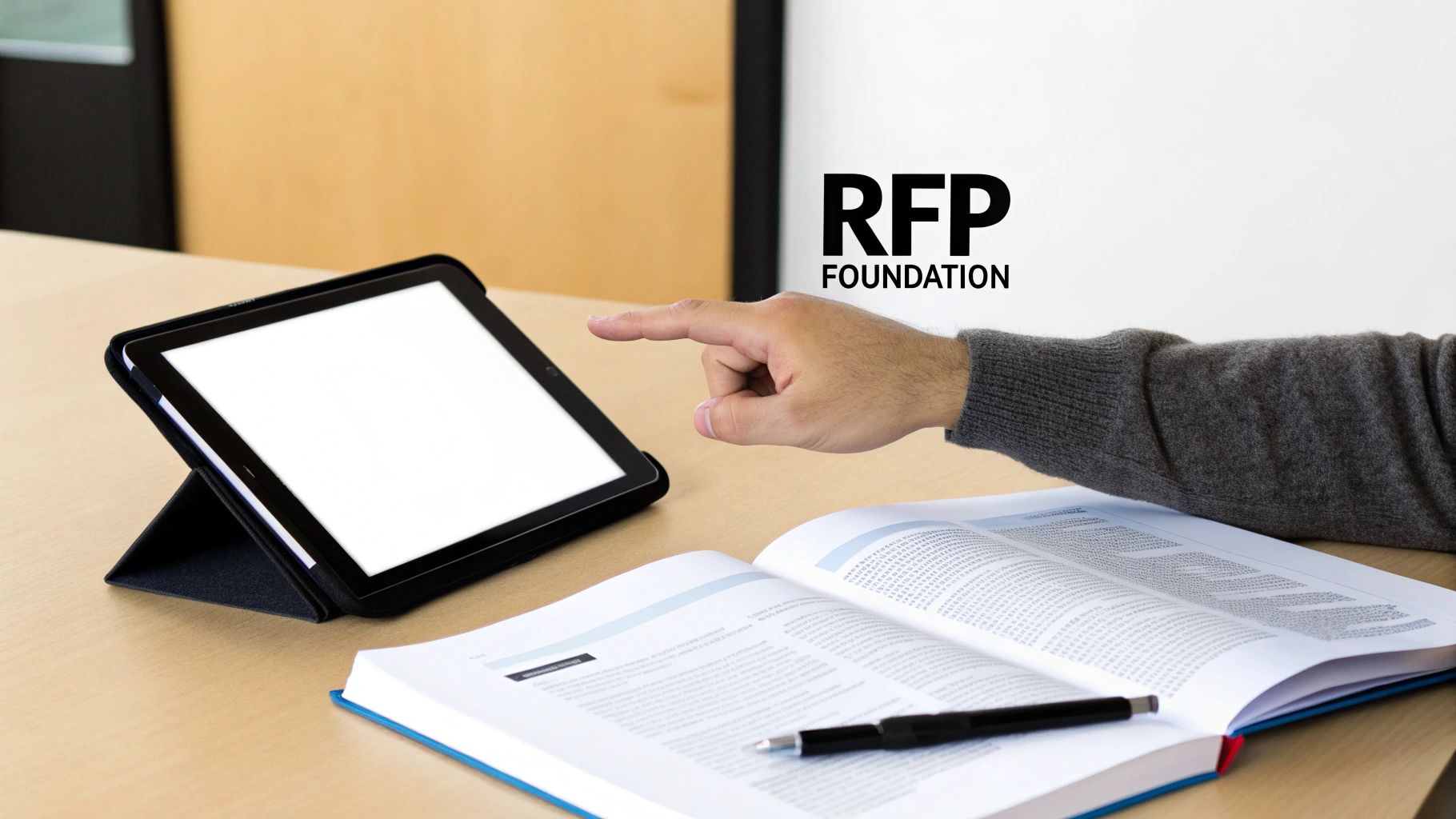 A team collaborating on a document at a desk, symbolizing the strategic planning of an RFP.