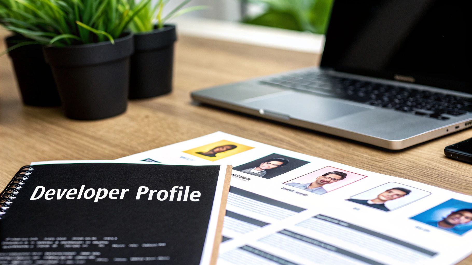 Developer profile notebook with team member photos on wooden desk beside laptop and plants