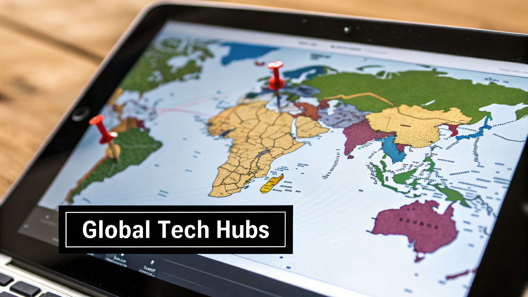 A digital illustration of a world map with interconnected glowing dots representing global tech hubs.
