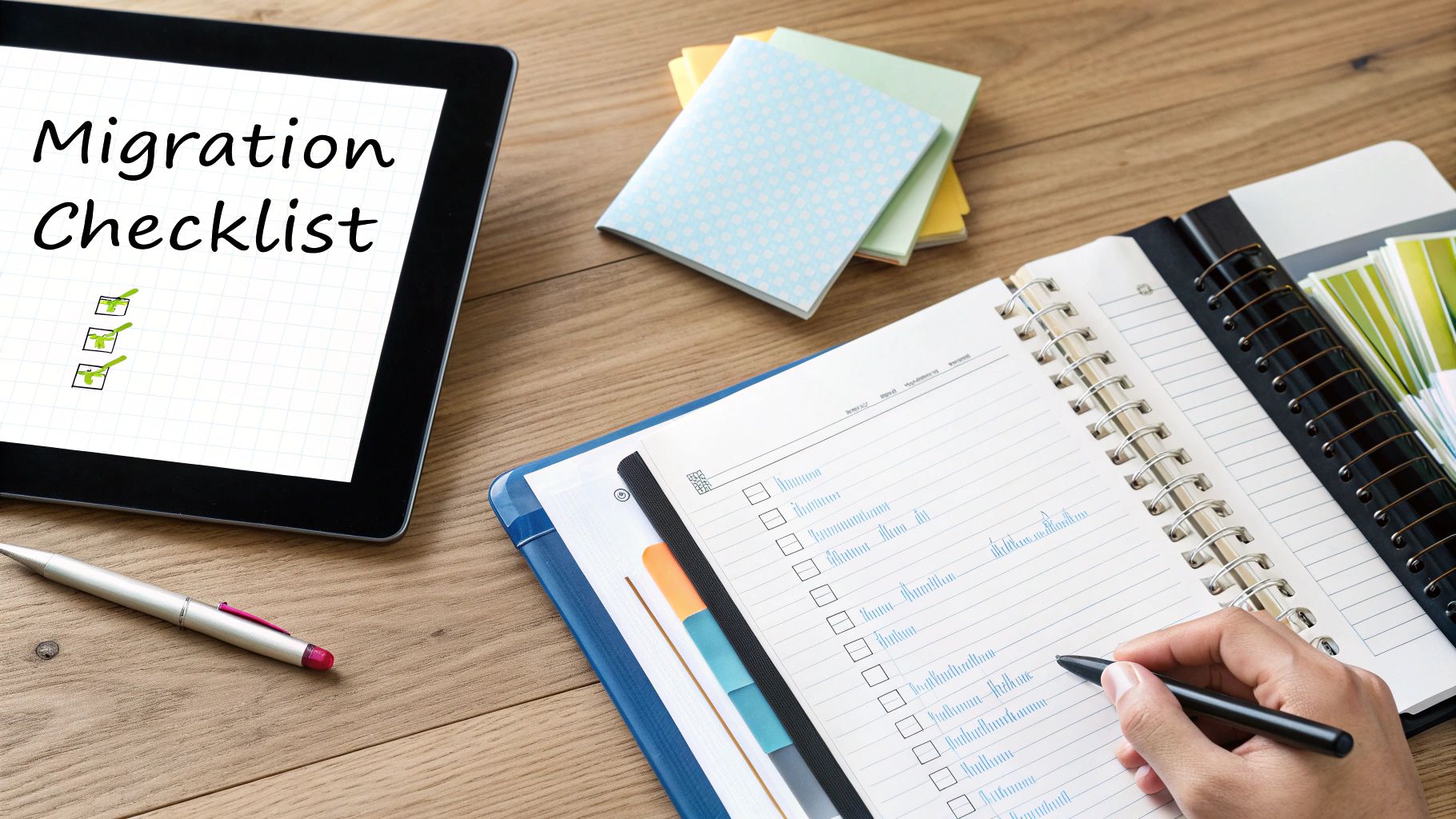 A developer at a desk, looking at a screen with code and diagrams, planning a project.