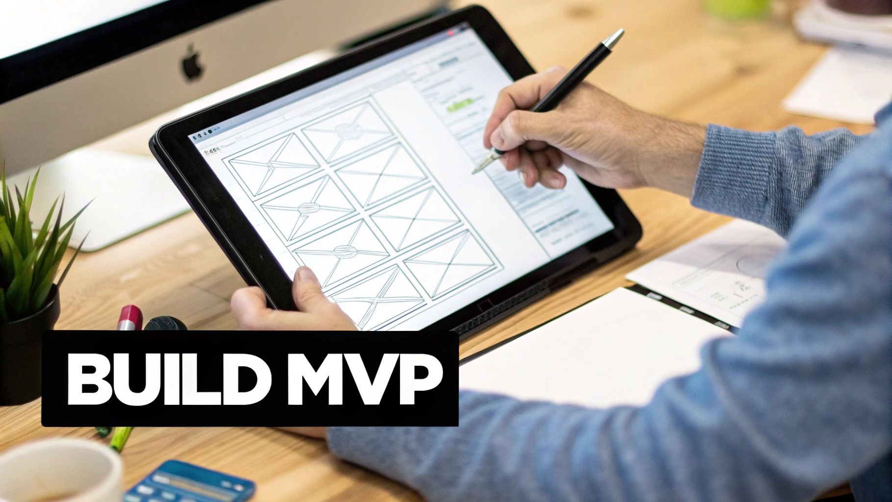 A team discussing user interface designs on a whiteboard, focusing on core features.