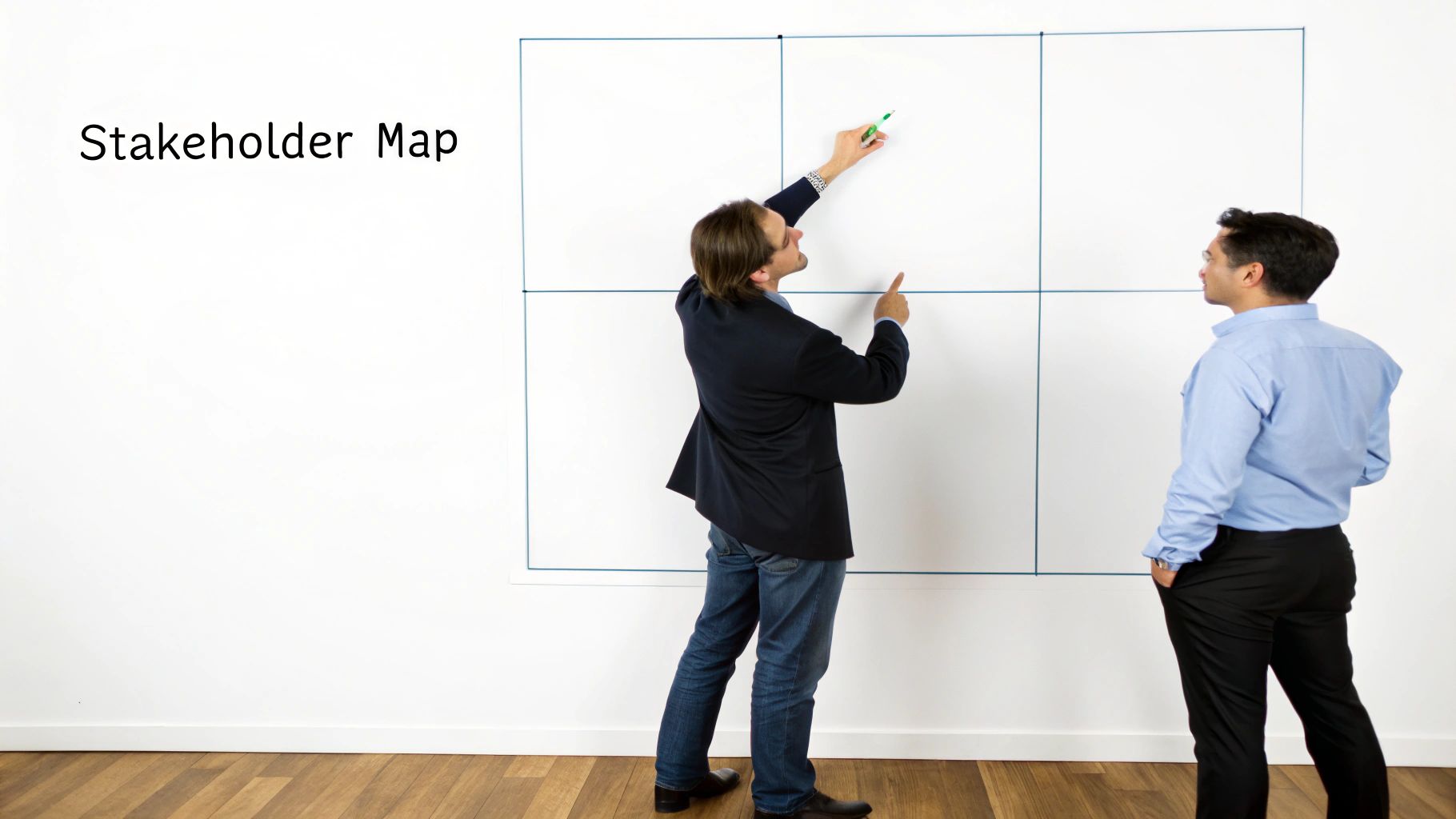 A group of diverse professionals analyzing a stakeholder map on a whiteboard, collaborating on their project communication plan.