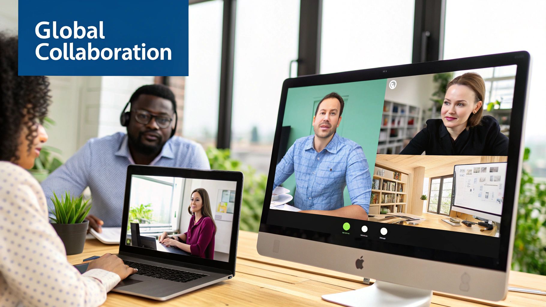 A diverse team of developers collaborating on a project via a video conference call, with screens showing code and project management tools.