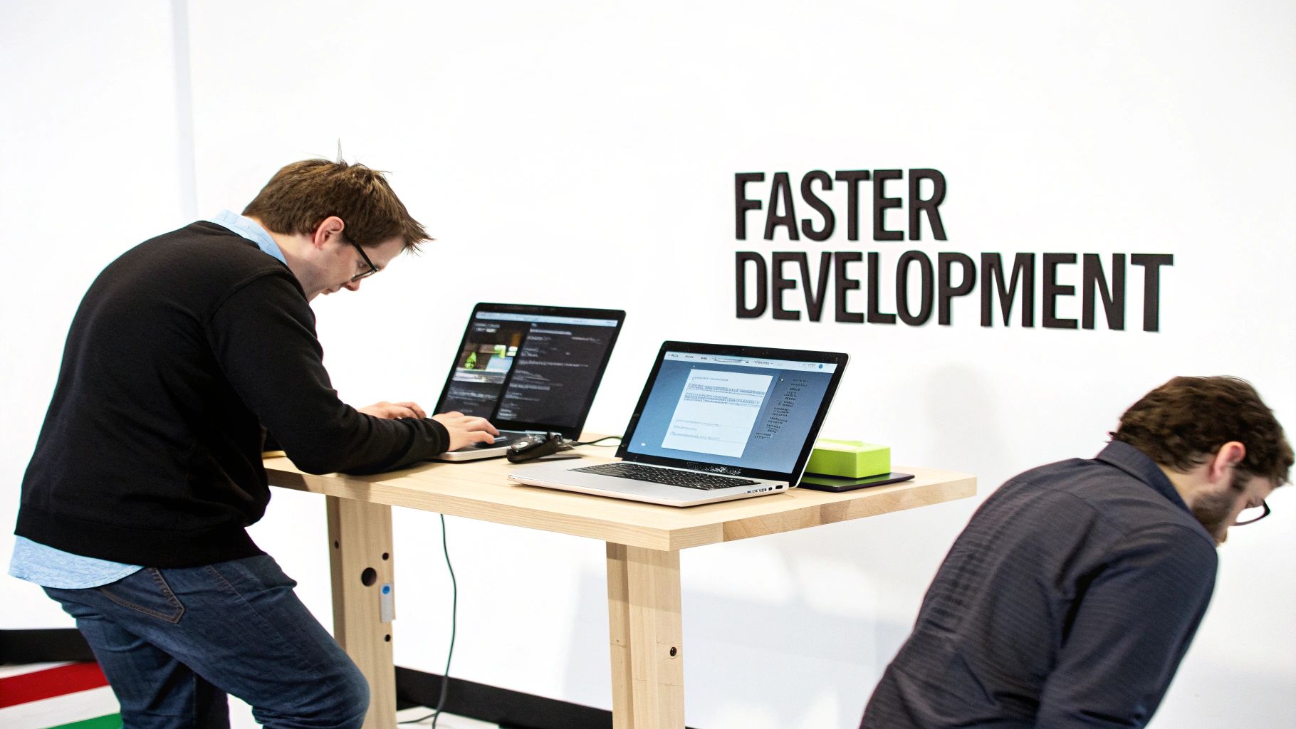 A developer works on a laptop, illustrating the concept of rapid development.