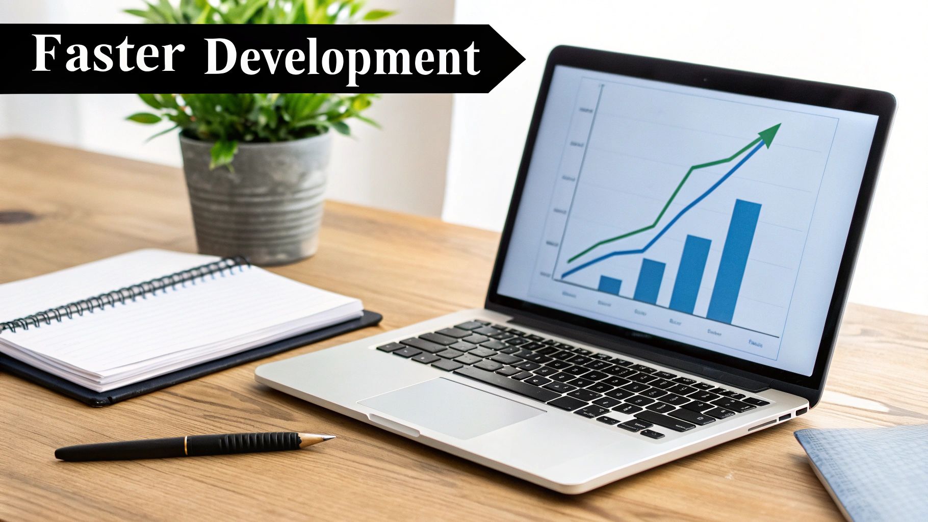 A developer team collaborating around a whiteboard with charts and graphs, indicating improved performance and development speed.