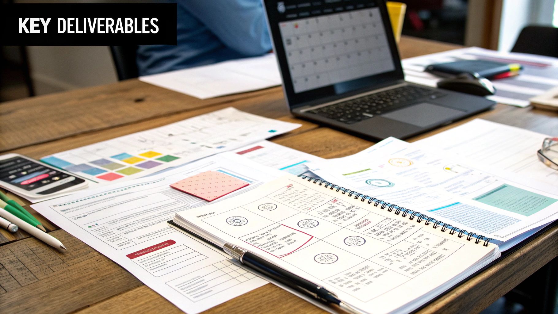A team collaborating over documents and wireframes spread across a table.