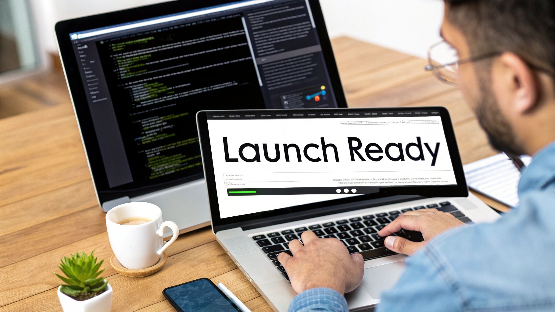 A rocket launching from a laptop screen, symbolizing a successful web app launch.