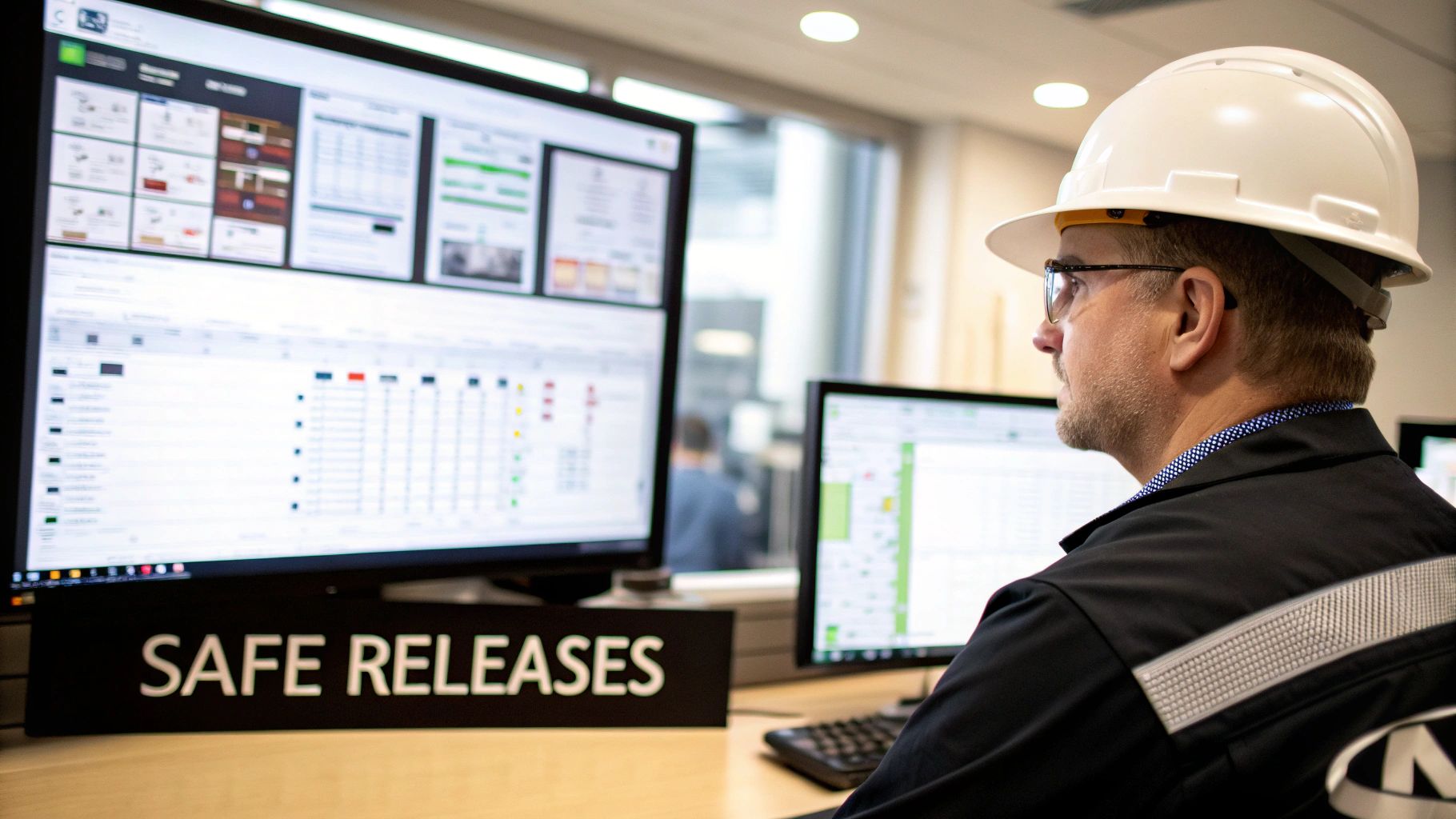 Engineers monitoring a successful deployment pipeline on a dashboard