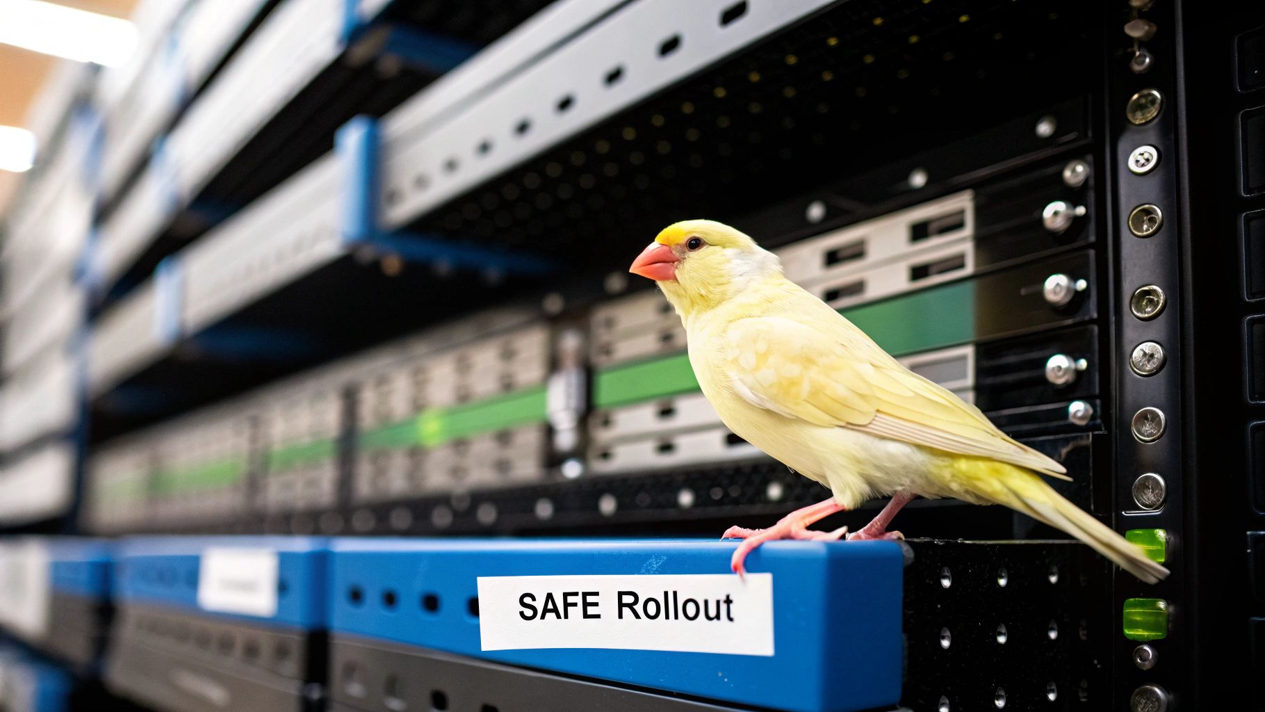 Canary Deployment showing traffic being split, with a small percentage going to the new version and the majority to the stable version.