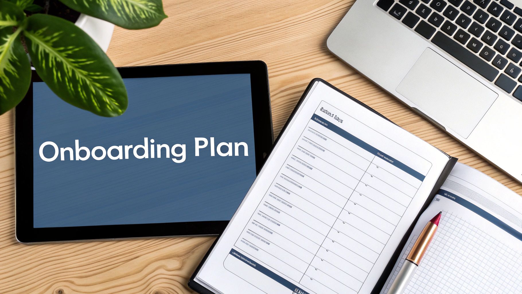 Onboarding plan document displayed on tablet with checklist and laptop on wooden desk
