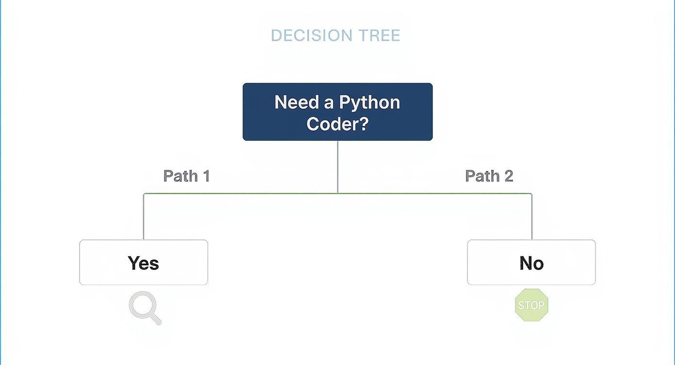 Decision tree flowchart showing two paths for hiring Python coders with yes or no options