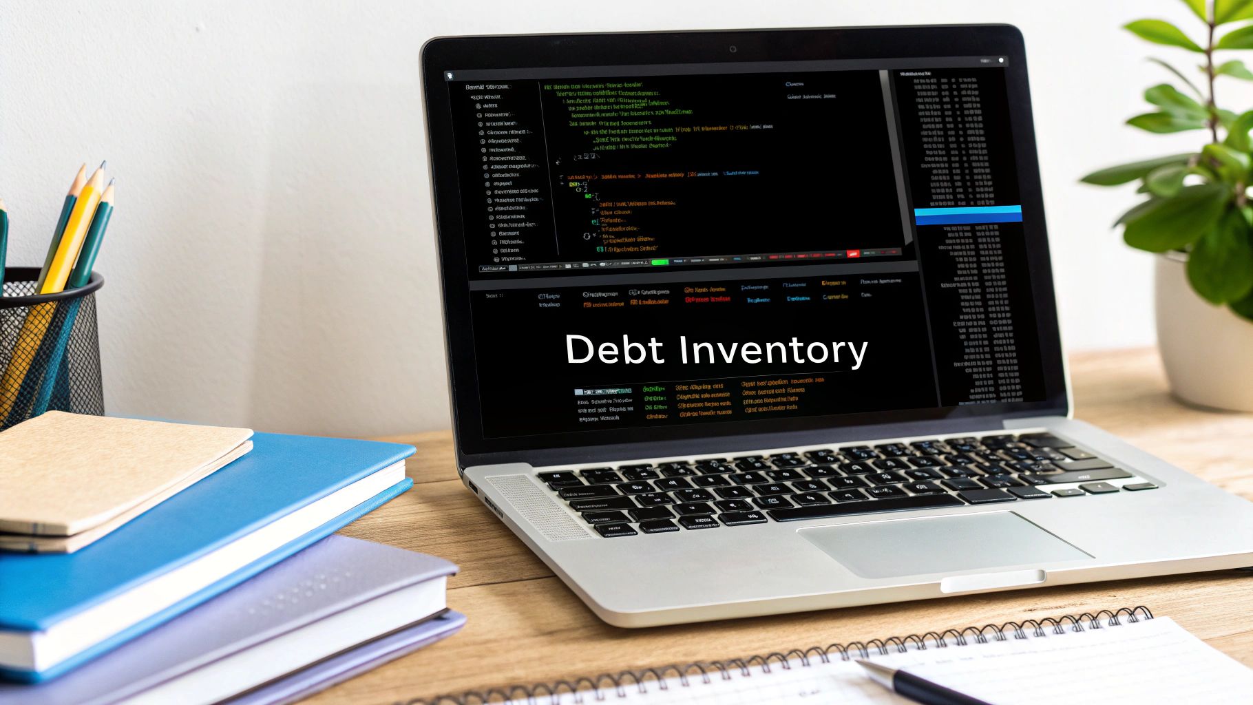 A close-up shot of complex code on a computer screen with data visualizations in the background, symbolizing the process of analyzing and measuring technical debt.