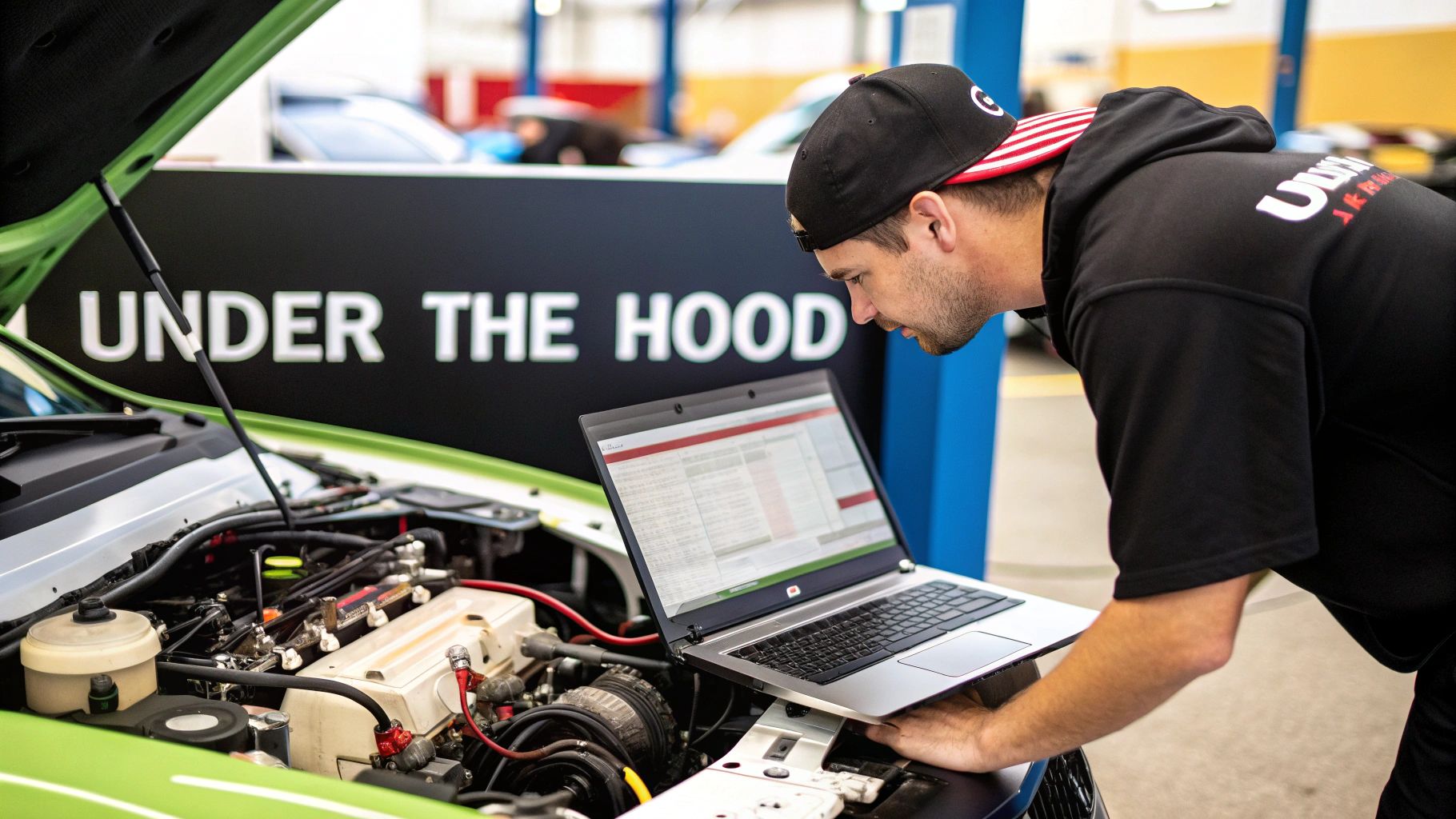 Engineers collaborating on a technical plan in a modern office