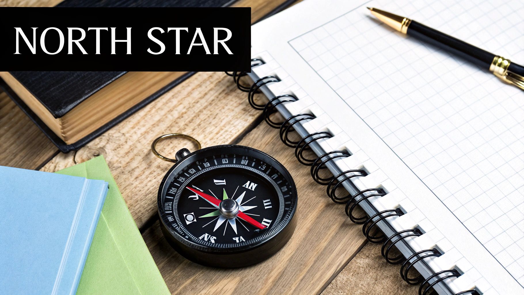 A group of diverse professionals in a bright, modern office, gathered around a large whiteboard with a compass rose drawn on it, labeled "Project North Star."