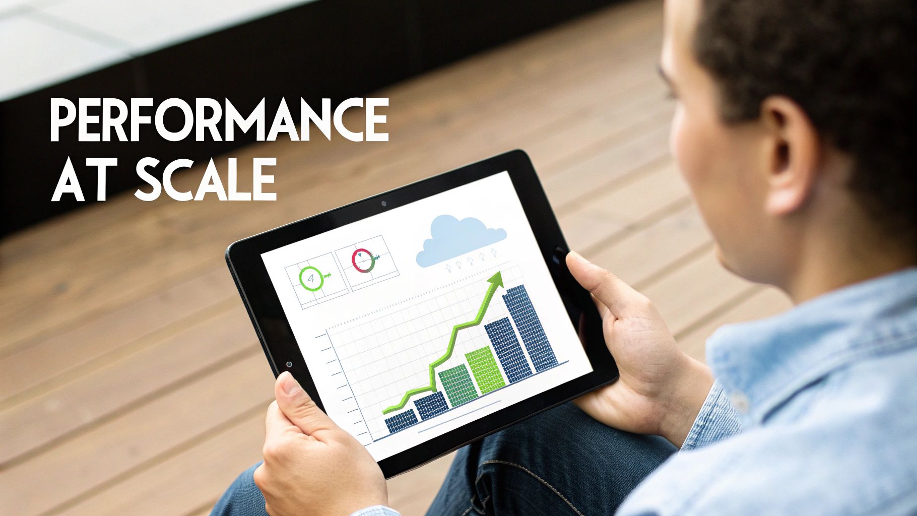 A graphic showing upward-trending charts, representing performance and scalability.